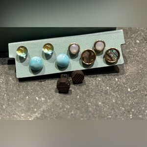 Coastal Boho Stud Earrings Set (5 Pairs) – Turquoise, Abalone Shell, Gold Ton